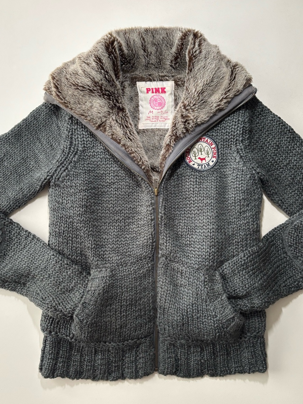 Vintage PINK Gray Knit Zip sweater faux fur lined with Mountain Patch
